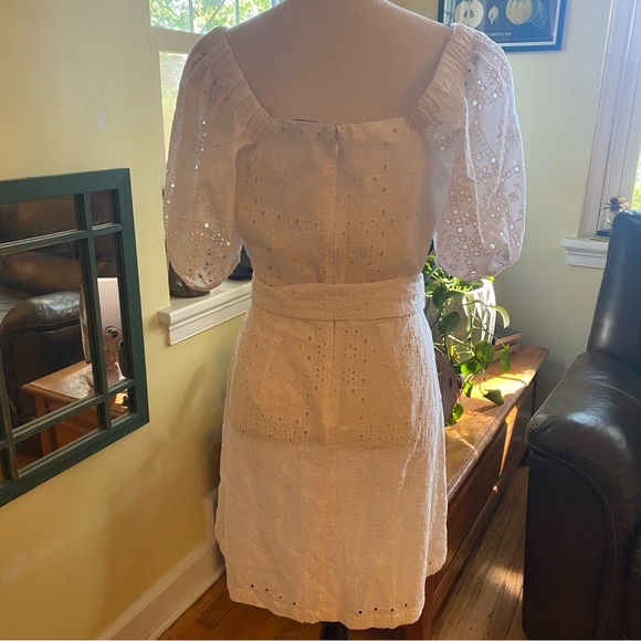 Loft White Eyelet Belted Square Neck Puffy Sleeve Mini Dress - 6 - Picture 7 of 16